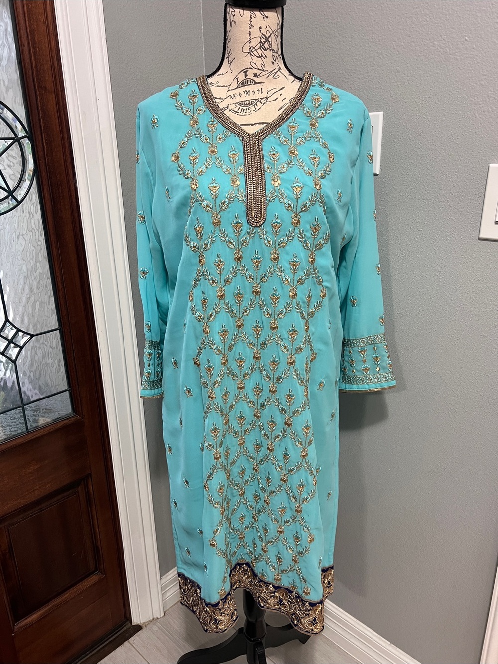 Teal Blue Gold Embroidered Pakistani Kurti Kameez Tunic XL 46